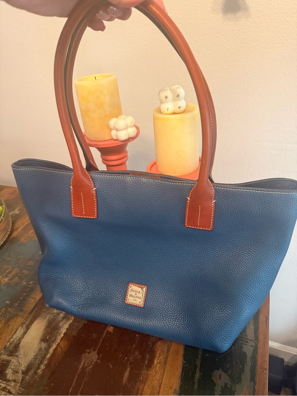Dooney & Bourke Blue Pebbled Leather Tote with Brown Handles and Trim